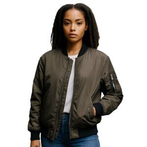 NEW Zara Basic Outerwear XS Green Bomber Jacket Quilted Back Ribbed Collar Cuffs